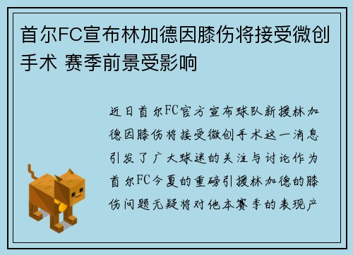 首尔FC宣布林加德因膝伤将接受微创手术 赛季前景受影响
